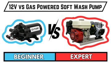 12V vs gas powered soft wash pump comparison labeled Beginner versus Expert