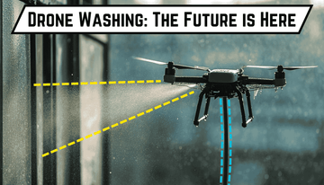Cleaning drone hovering near a glass building wall while spraying a soft wash chemical jet
