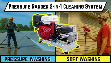 Pressure Ranger 2-in-1 Cleaning System banner with Honda gas unit between pressure washing and soft washing scenes