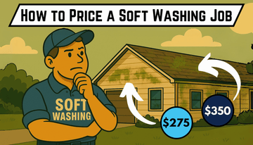 Cartoon soft washing technician thinking about house pricing with $275 and $350 price tags