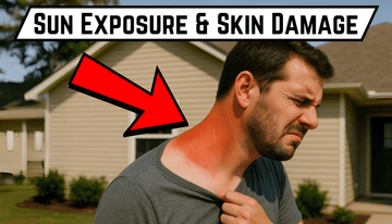 Man outside showing red sunburned shoulder with red arrow pointing to skin damage