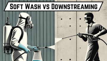 Soft wash versus downstreaming illustration with a worker in PPE on left and a sprayer worker on right