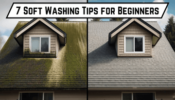 Roof before and after soft washing: dark algae streaks on left, clean shingles after treatment on right