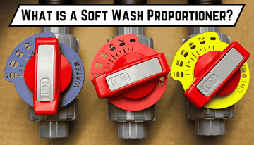 Close up of three soft wash proportioner metering valves labeled water, soap, and chlorine with red handles
