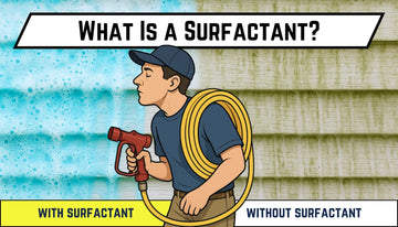 What Is a Surfactant illustration of pressure washing tech with hose, soapy clean siding versus dirty siding