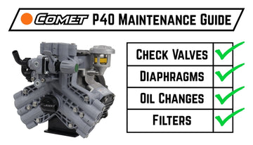 Comet P40 Maintenance Guide banner with gray P40 diaphragm pump and check valves, diaphragms, oil, filters checklist