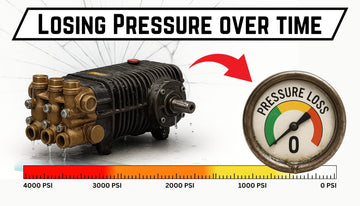 Losing Pressure Over Time banner with brass triplex pump leaking water and pressure gauge dropping toward 0 PSI