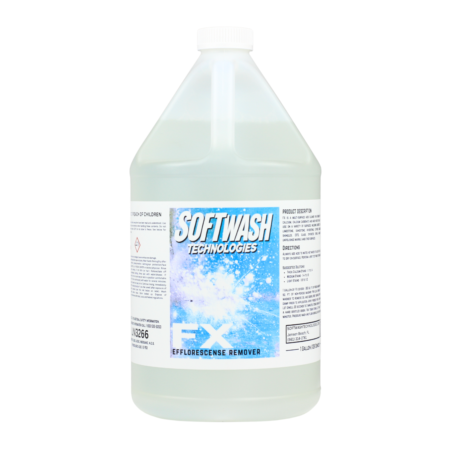 1 gallon FX efflorescence remover acid cleaner jug with clear liquid and Softwash Technologies branded label