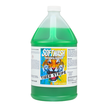 1 gallon Tiger Stripe gutter cleaner jug with green liquid and Softwash Technologies branded label