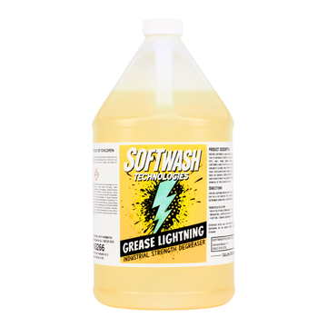 1 gallon Grease Lightning industrial strength alkaline degreaser jug with Softwash Technologies label