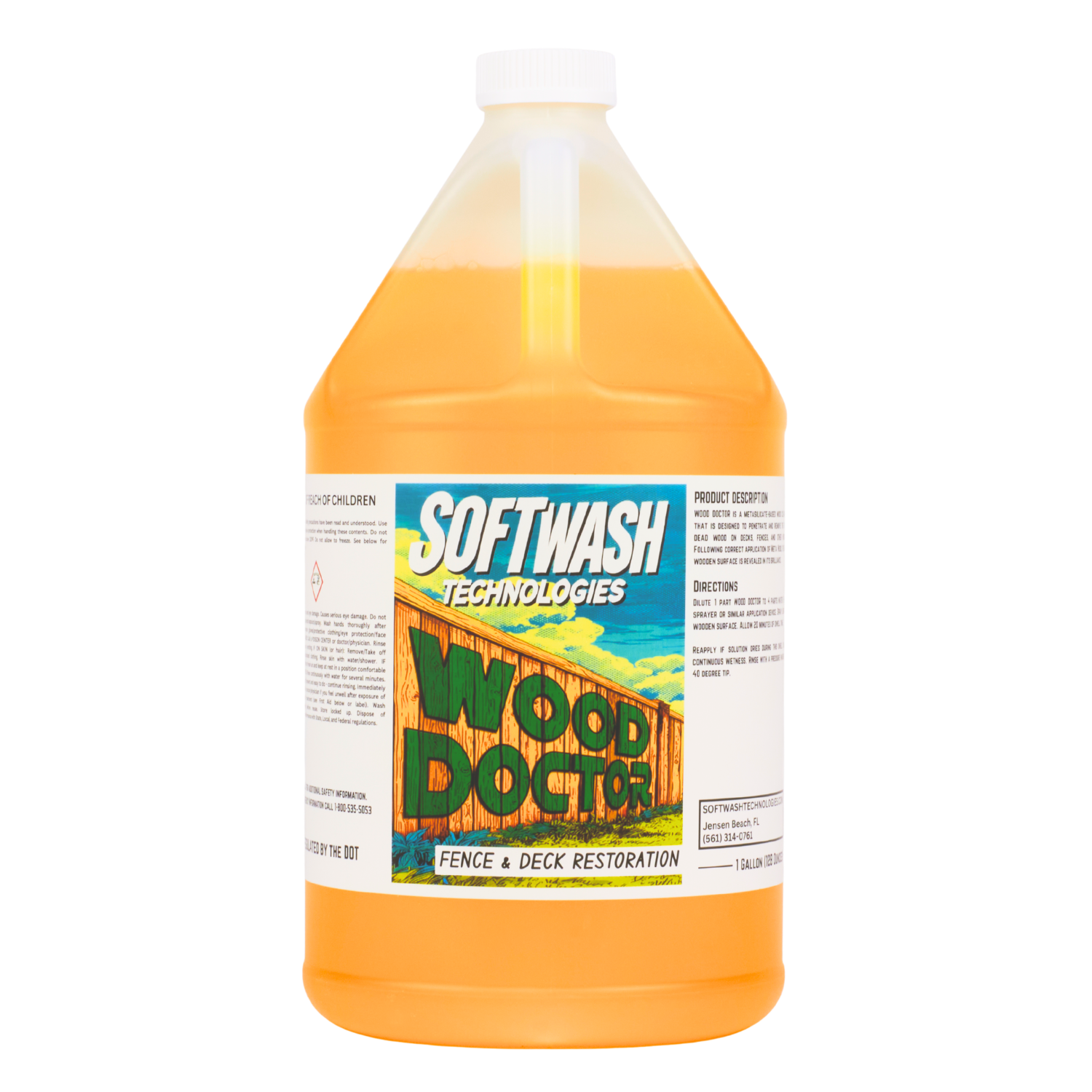 1 gallon Wood Doctor metasilicate wood cleaner jug with Softwash Technologies fence and deck restoration label