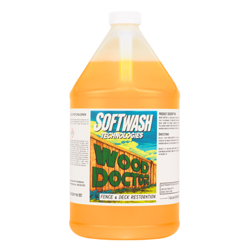 1 gallon Wood Doctor metasilicate wood cleaner jug with Softwash Technologies fence and deck restoration label