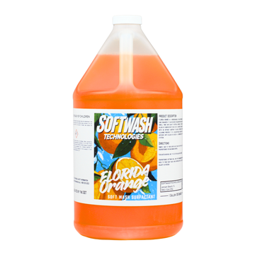 1 gallon Florida Orange soft wash surfactant jug with orange liquid and Softwash Technologies branded label