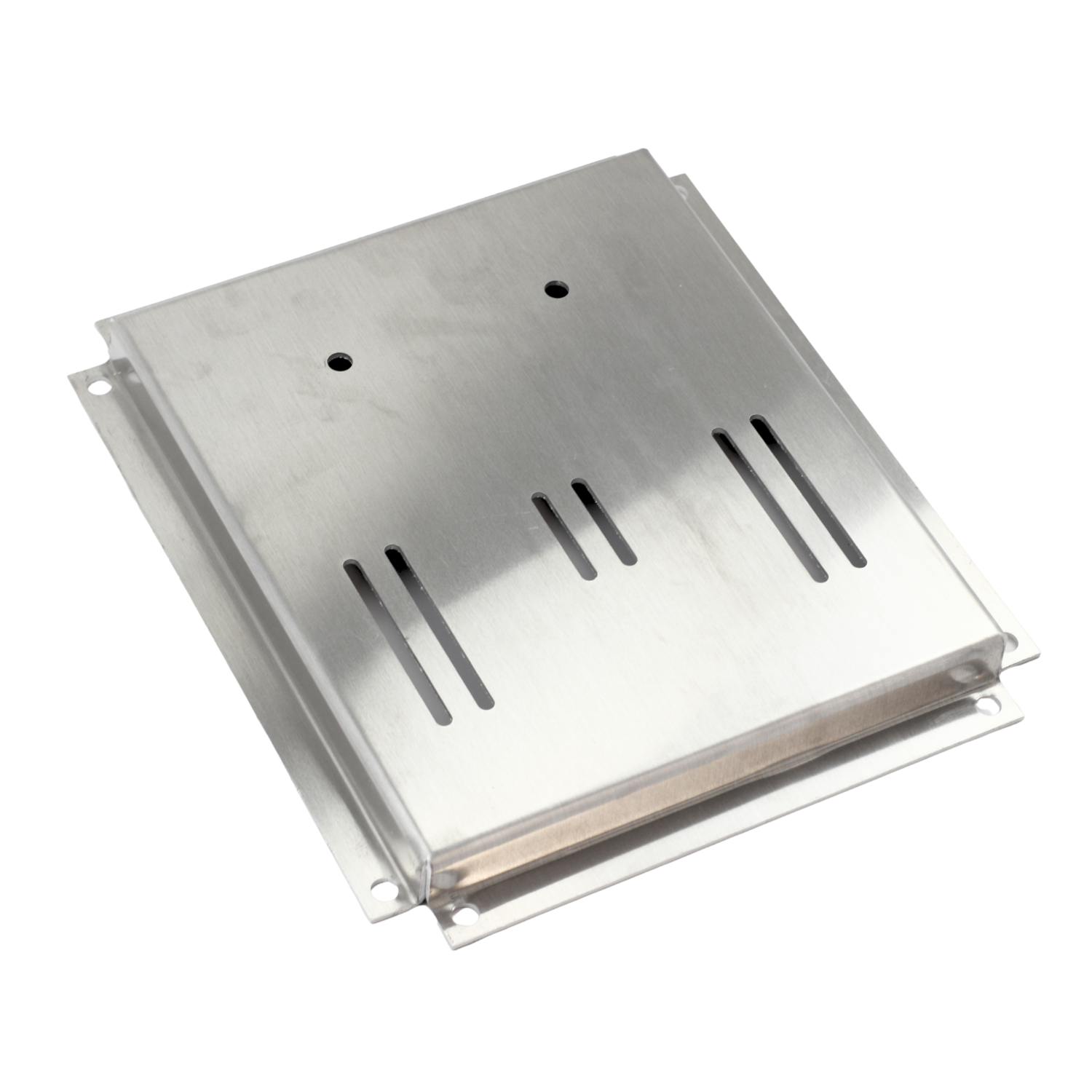 Aluminum soft wash proportioner mounting plate 3/4 view showing two manifold bolt holes and three valve bolt-track slots