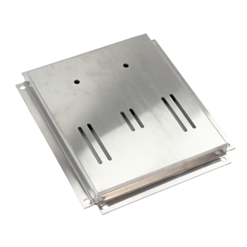 Aluminum soft wash proportioner mounting plate 3/4 view showing two manifold bolt holes and three valve bolt-track slots