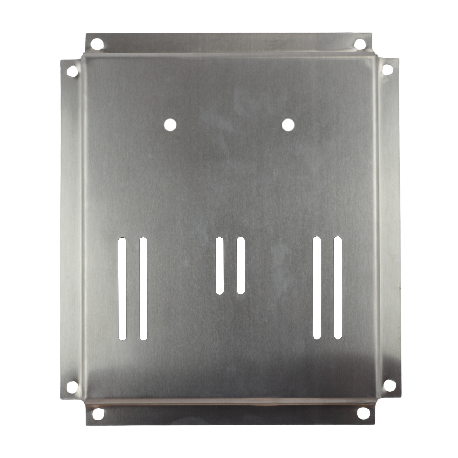 Front-on view of bare aluminum mounting plate with manifold bolt holes and three vertical valve slots