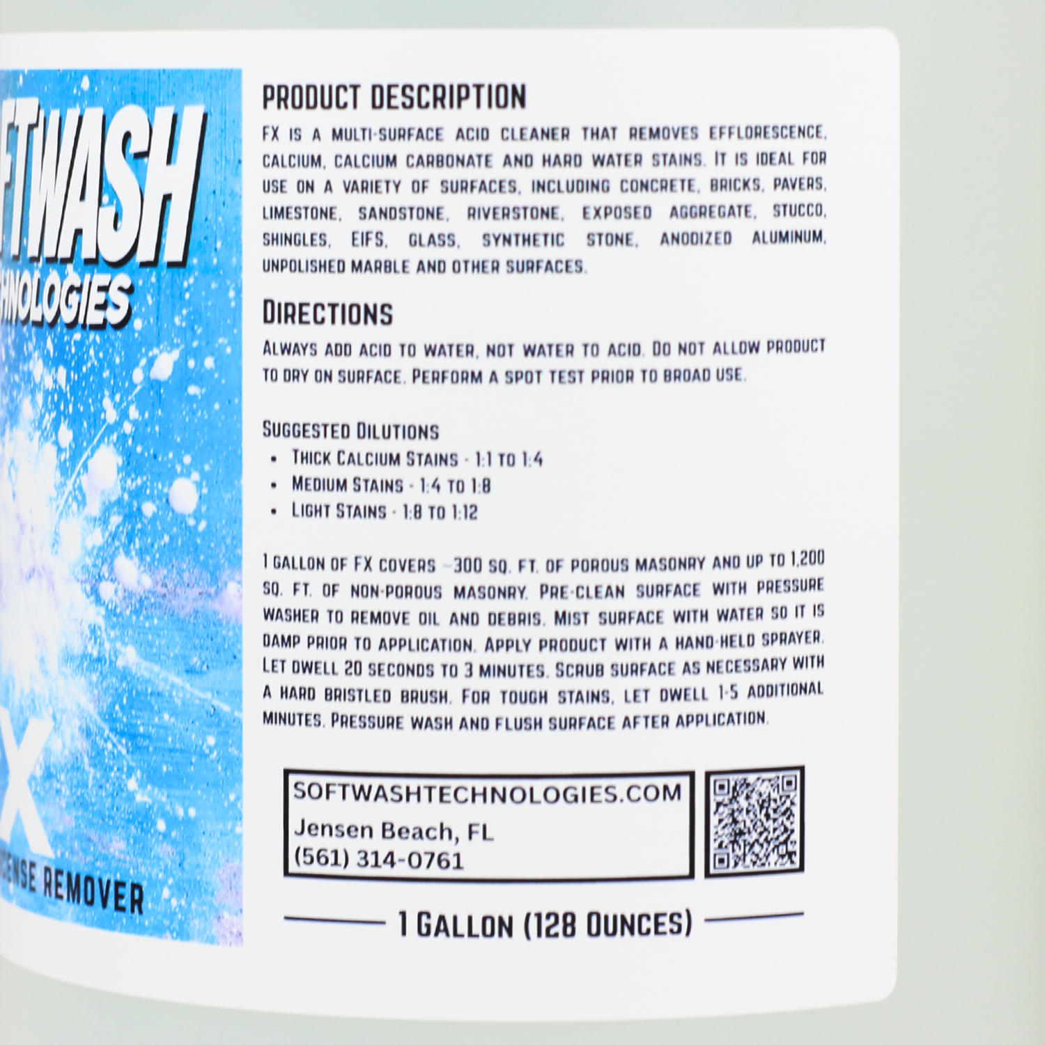 Close-up of FX efflorescence remover back label showing description, directions, and dilution ratios