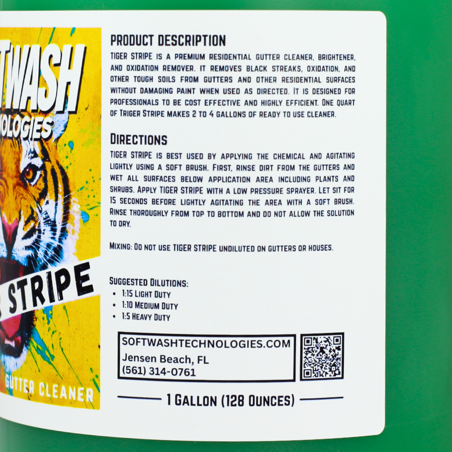 Close-up of Tiger Stripe back label showing description, directions, and suggested dilution ratios