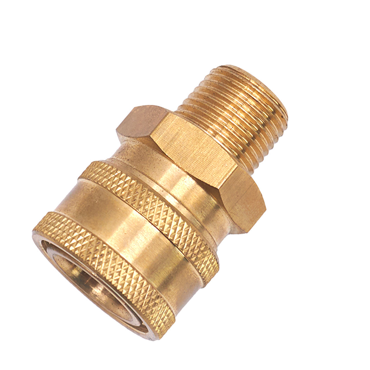 Brass MPT quick-connect socket with male threaded inlet and knurled quick-connect collar