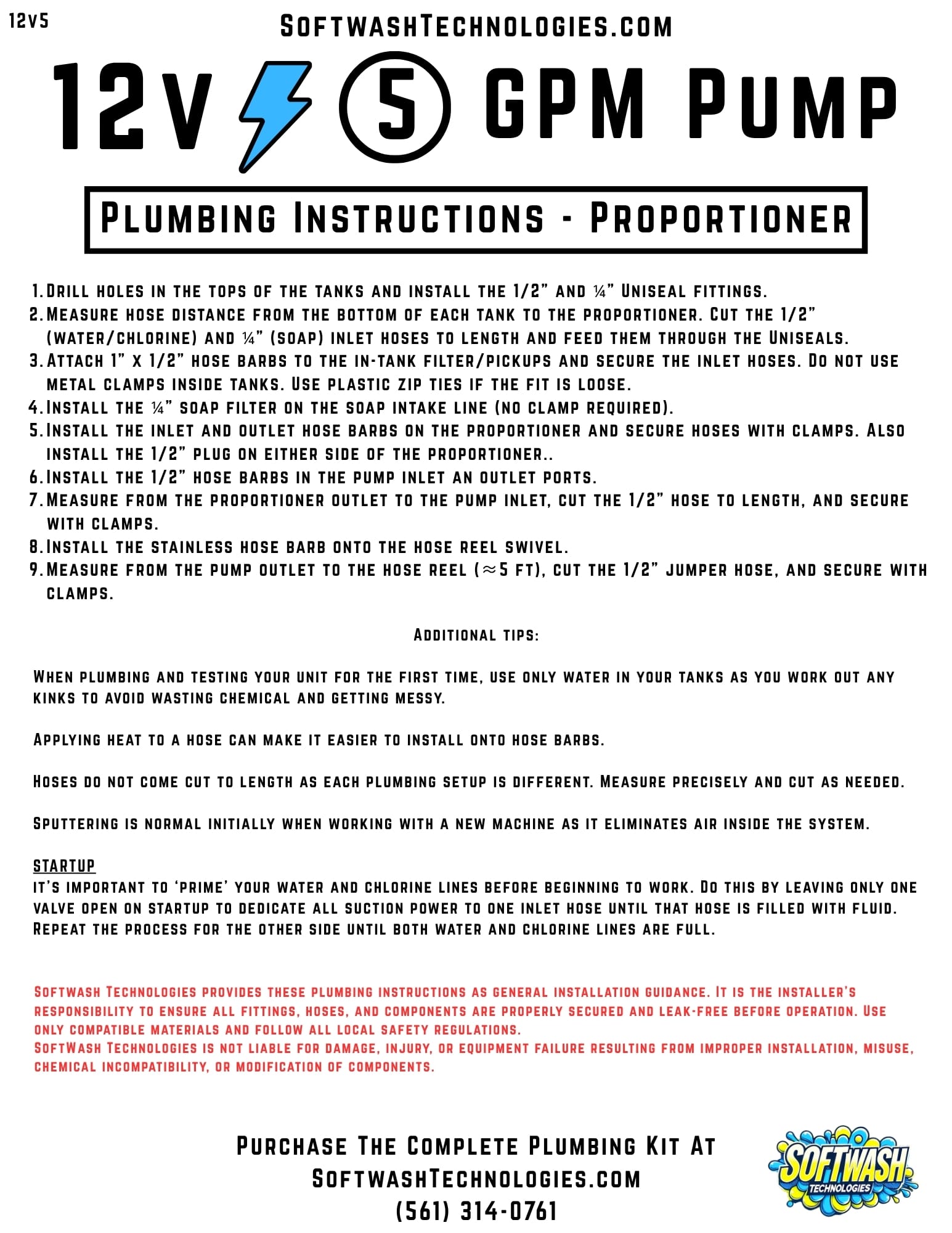 12V 5 GPM pump plumbing instructions sheet with numbered installation steps and startup tips
