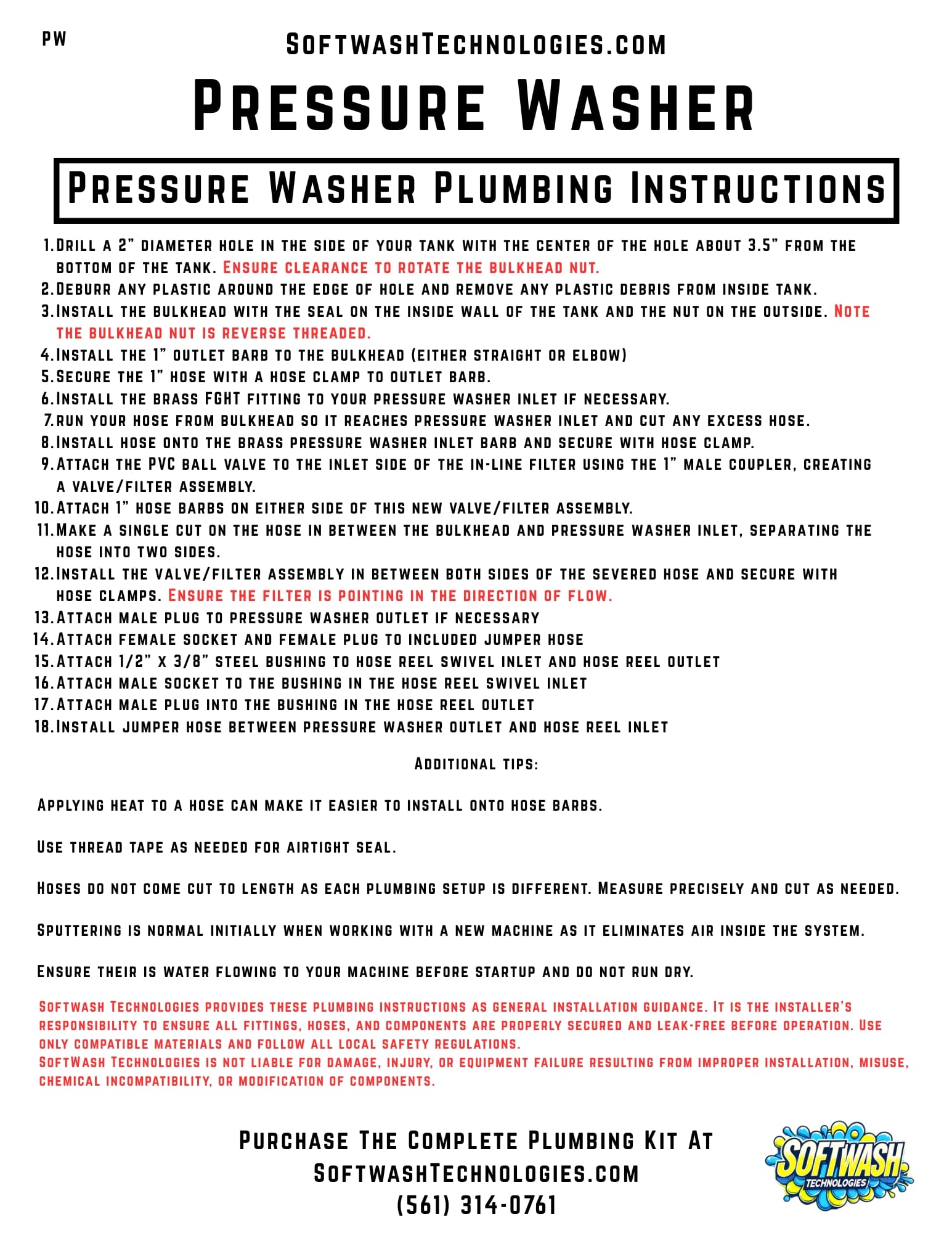 Pressure washer plumbing instructions sheet with numbered installation steps and startup tips