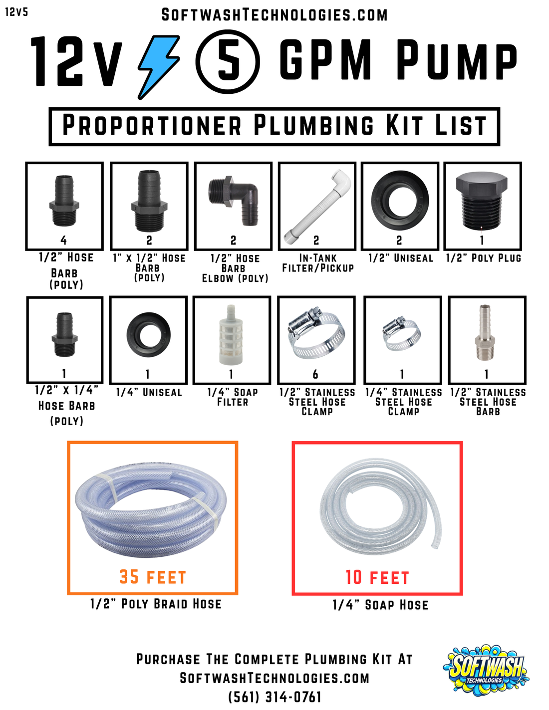 12V 5 GPM pump plumbing kit parts list with hose barbs, uniseals, filters, clamps, and 1/2 inch and 1/4 inch hoses