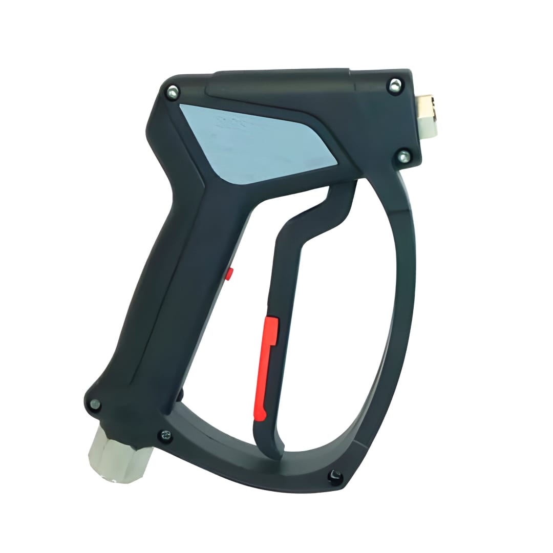 Black SGS35 spray gun with red trigger lock and stainless steel quick-connect inlet and outlet