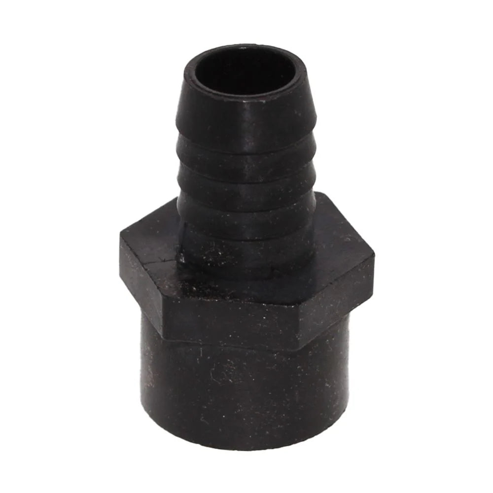 Black polypropylene FNPT hose barb fitting with female threaded socket end and ribbed barb end