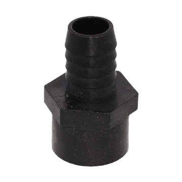 Black polypropylene FNPT hose barb fitting with female threaded socket end and ribbed barb end