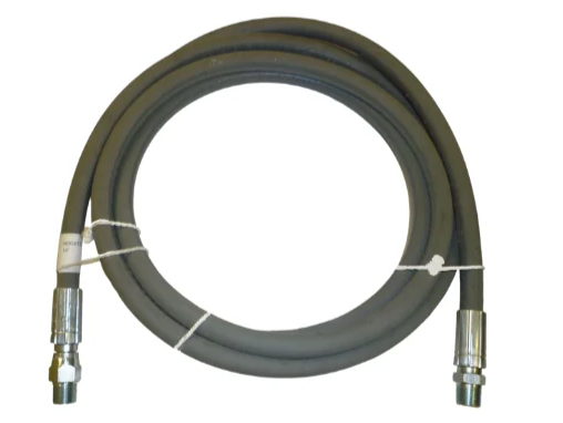 Coiled gray 3/8 inch high pressure jumper hose with stainless steel threaded fittings on both ends