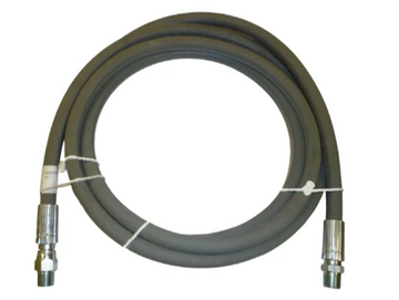 Coiled gray 3/8 inch high pressure jumper hose with stainless steel threaded fittings on both ends