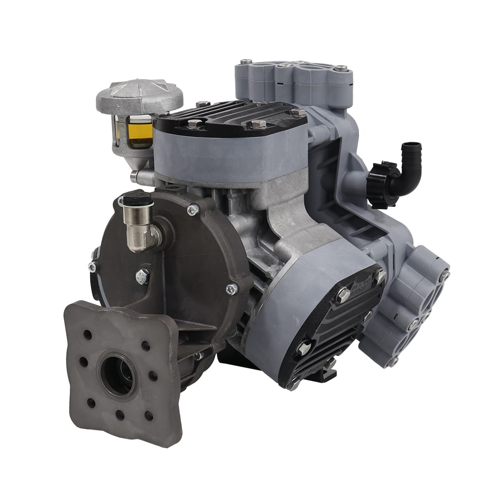 Comet P40 three-diaphragm soft wash pump front view with V-configured pump heads, pressure regulator, oil cup, and gearbox