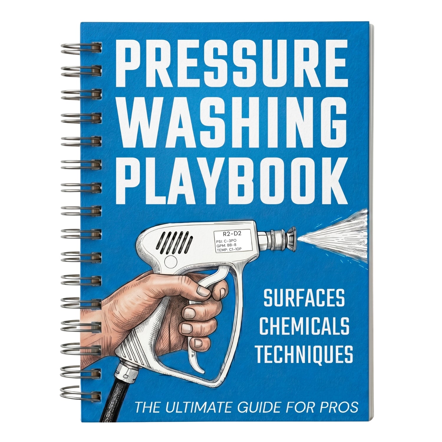 Blue spiral-bound Pressure Washing Playbook cover with hand holding pressure washer gun illustration