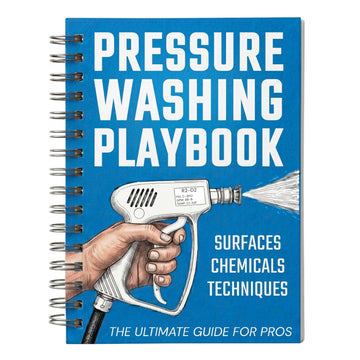 Blue spiral-bound Pressure Washing Playbook cover with hand holding pressure washer gun illustration