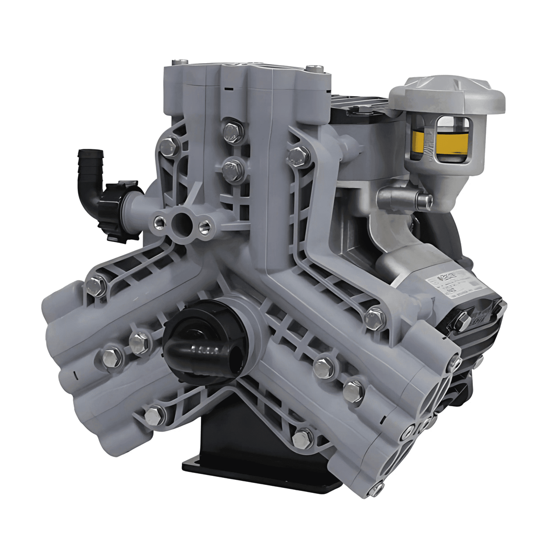 Comet P40 three-diaphragm soft wash pump front view with V-configured pump heads, pressure regulator, oil cup, and gearbox