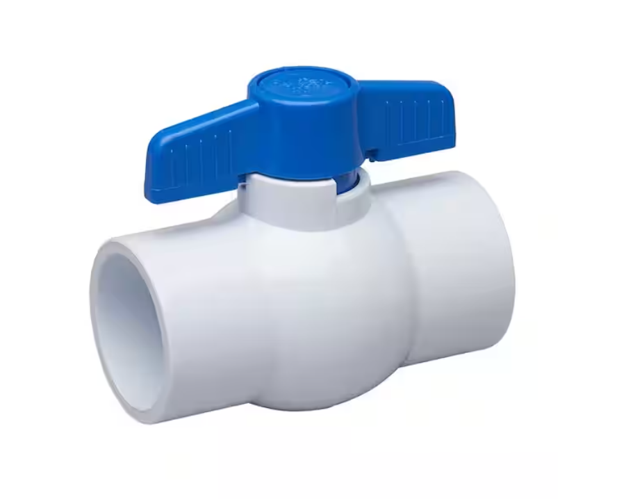 White PVC ball valve with blue T-handle and slip socket connections on each end