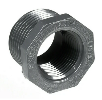 Gray polypropylene reducer bushing with external male threads and internal female threads