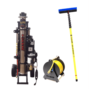 Tucker H2Pro solar panel cleaning kit with RO/DI cart, hose reel, and Solar Boost pole with brush