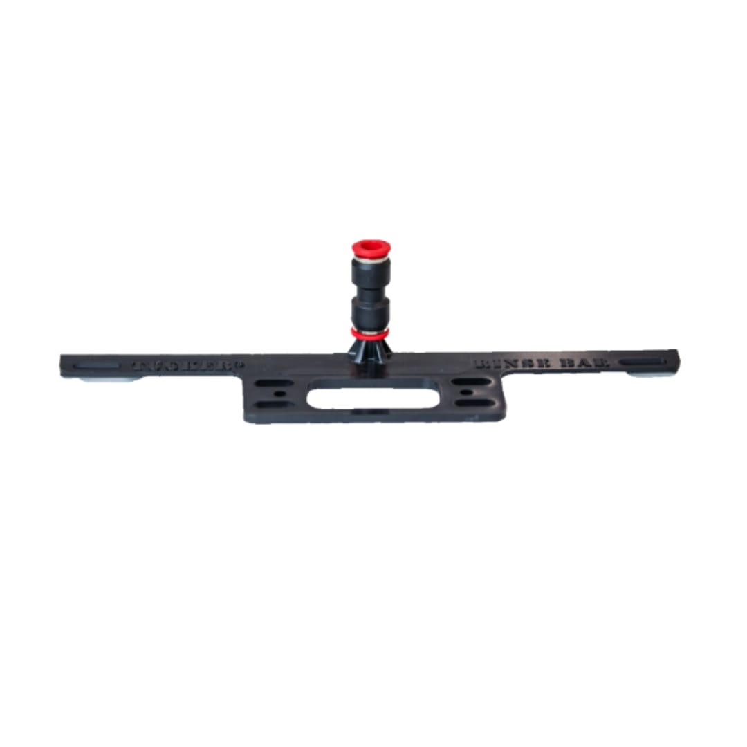 Front view of Tucker plastic rinse bar with central brush mounting bracket and red push-connect water inlet on top