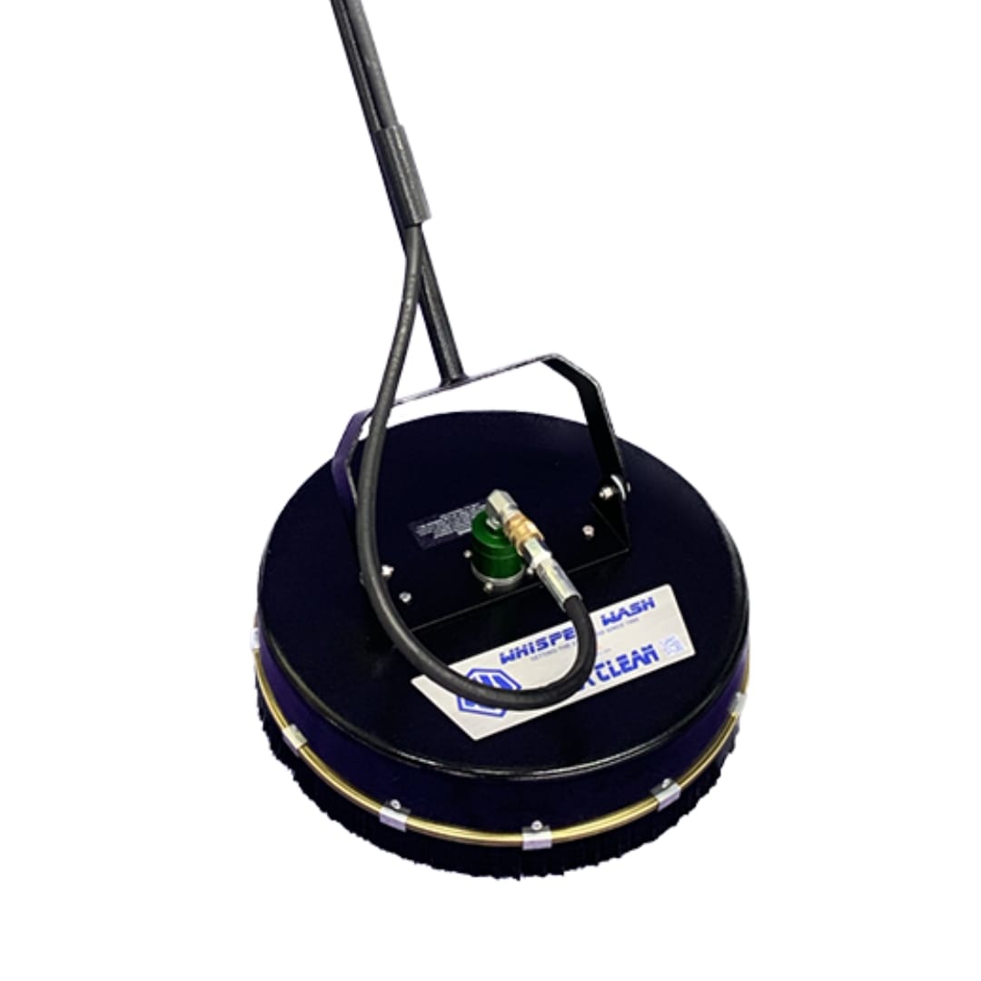 Close-up of Whisper Wash 16 inch Ultra Clean surface cleaner head showing green signature swivel and brand decal