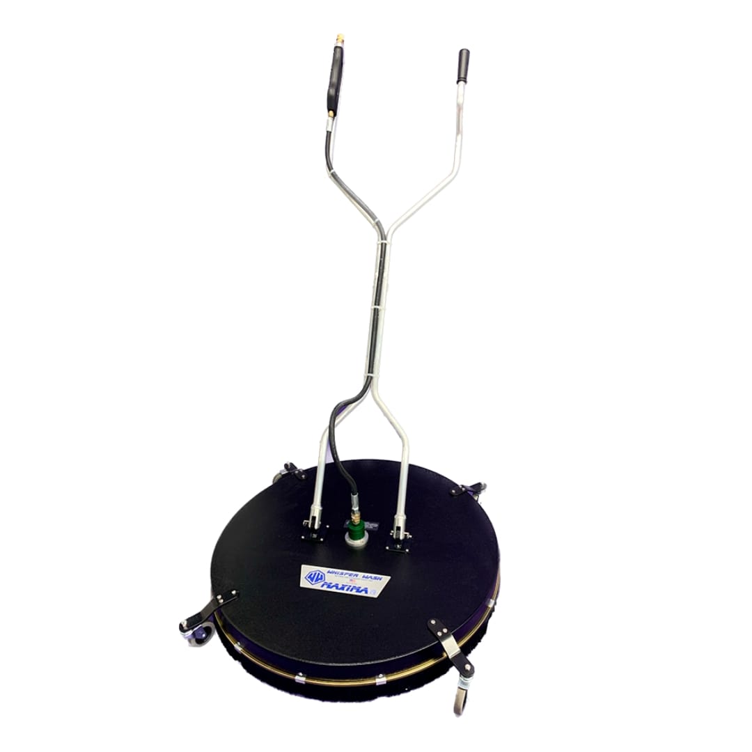 Whisper Wash Maxima 36 inch surface cleaner with black powder-coated aluminum cover, two-part handle, and pivoting casters
