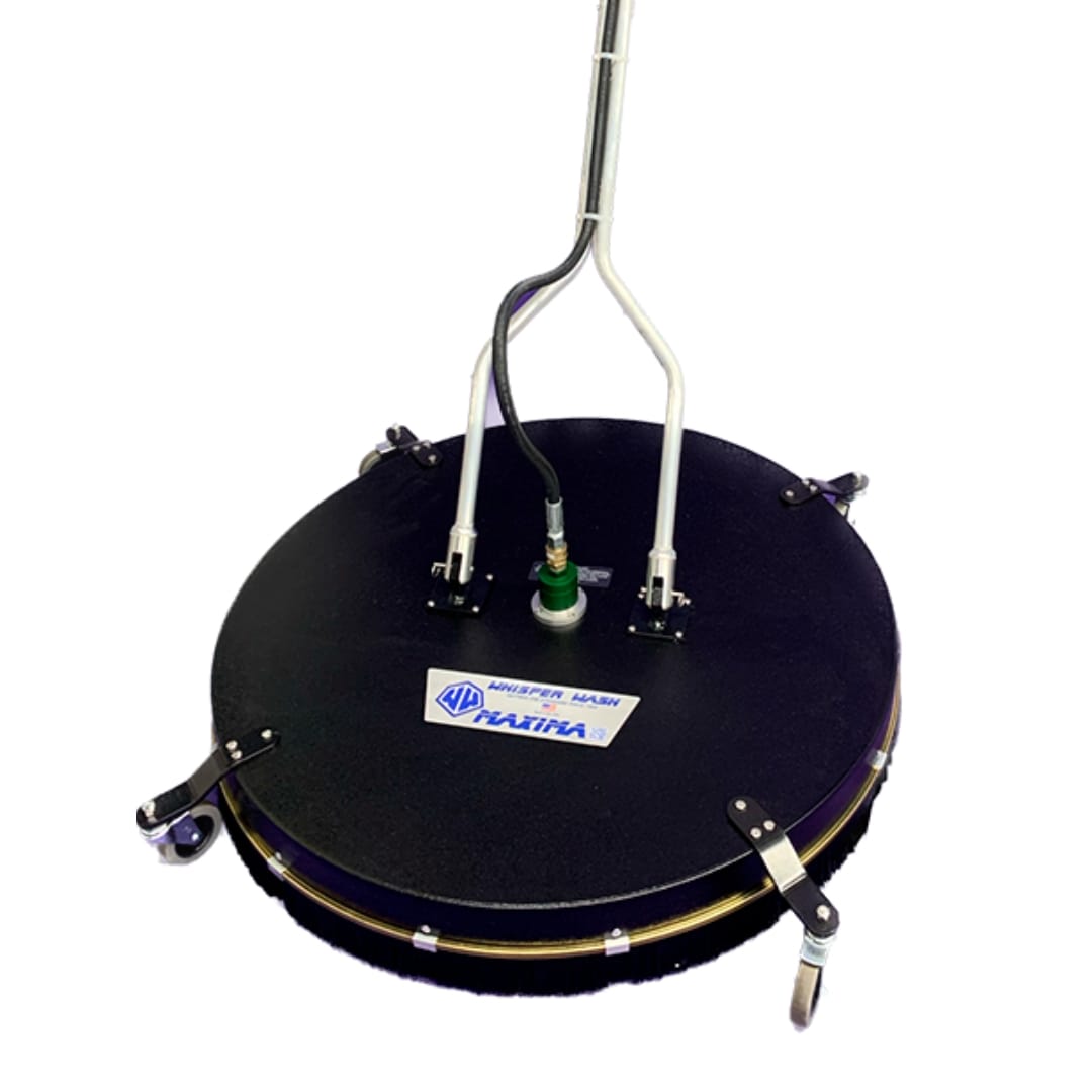 Close-up of Whisper Wash Maxima 36 inch surface cleaner head showing four pivoting casters, green swivel, and brand decal