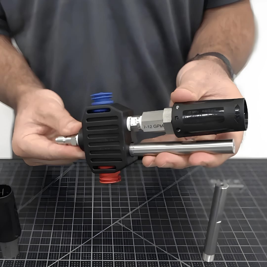 Hands holding the Mezzo SuperShot assembly with Mezzo Valve, AJH adjustable nozzle, and HydroJet ER shooter tip