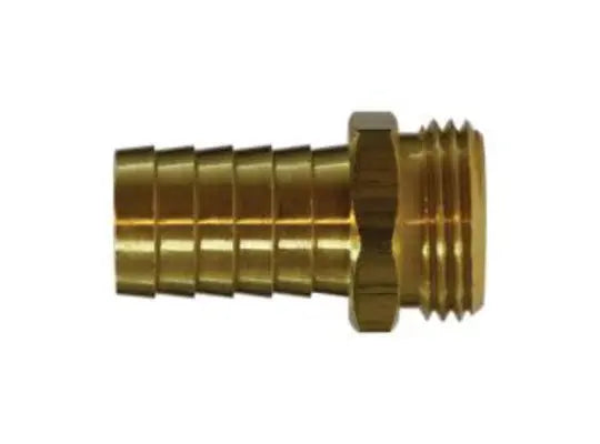 Brass MGHT fitting with male garden hose thread end and ribbed hose barb end shown side view