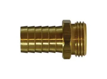 Brass MGHT fitting with male garden hose thread end and ribbed hose barb end shown side view