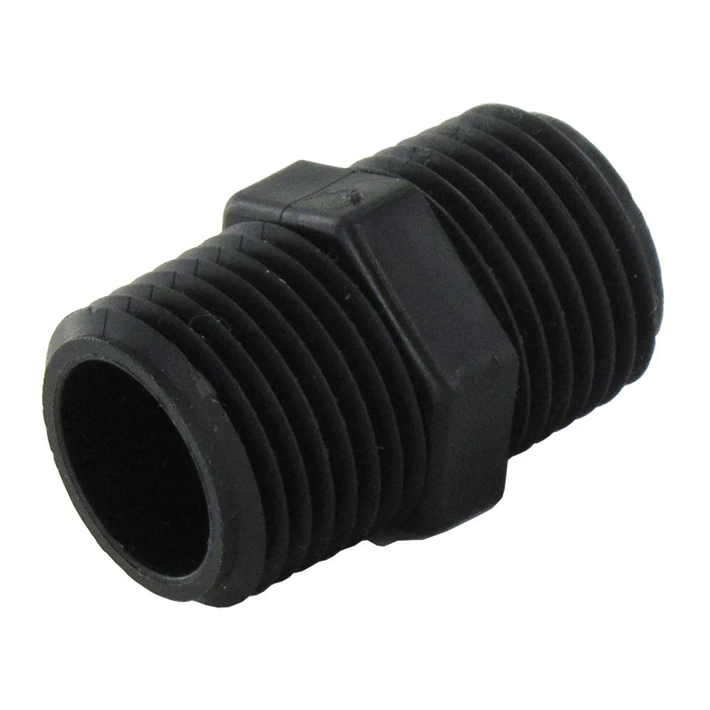 Black polypropylene male x male threaded coupling nipple with hex center for soft wash systems
