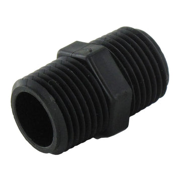 Black polypropylene male x male threaded coupling nipple with hex center for soft wash systems